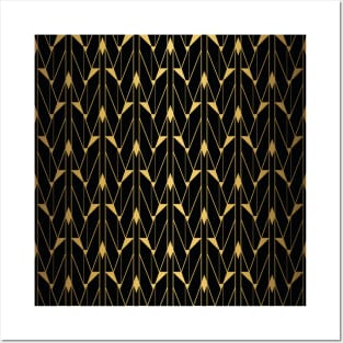 Faux Foil Gold and Black Retro Vintage Art Deco Geometric Open Triangle Pattern Posters and Art